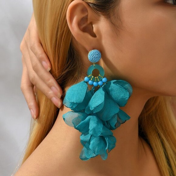 Blue Boho Womens Long Blue Tassel Flower Petal Pendant Earrings - Picture 1 of 4